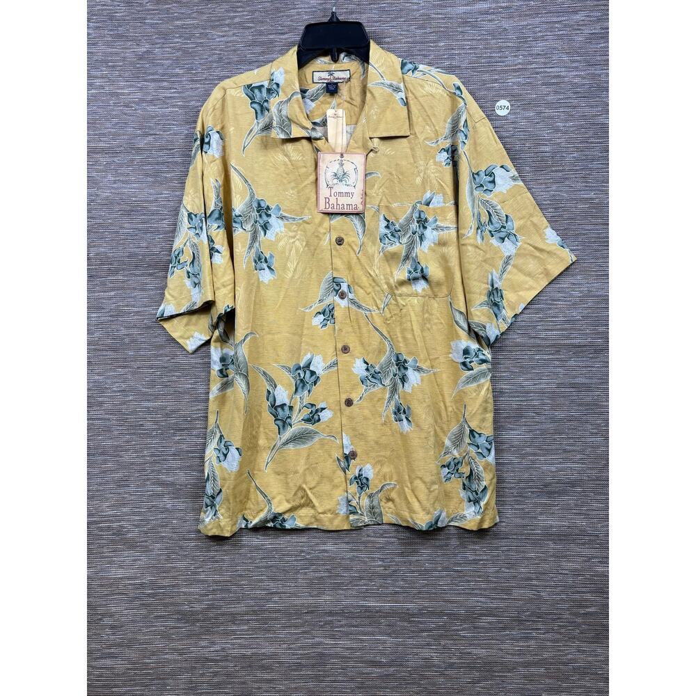 Tommy Bahama Shirt Mens Large Yellow Lily Of Palms Camp Silk Hawaiian Button Up